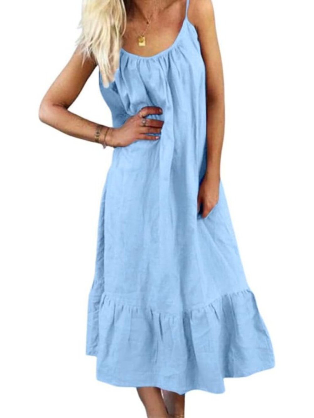Cotton Linen Spaghetti Strap Beach Dress | Casual Loose A-Line Midi Sundress